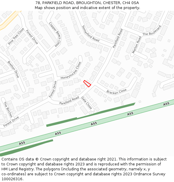 78, PARKFIELD ROAD, BROUGHTON, CHESTER, CH4 0SA: Location map and indicative extent of plot