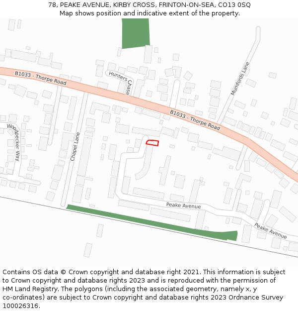 78, PEAKE AVENUE, KIRBY CROSS, FRINTON-ON-SEA, CO13 0SQ: Location map and indicative extent of plot