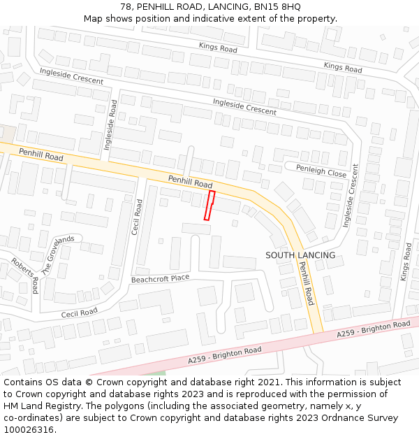 78, PENHILL ROAD, LANCING, BN15 8HQ: Location map and indicative extent of plot
