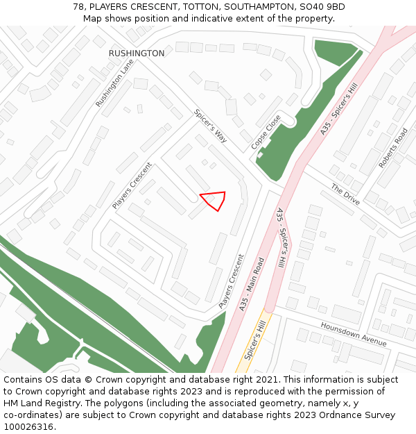 78, PLAYERS CRESCENT, TOTTON, SOUTHAMPTON, SO40 9BD: Location map and indicative extent of plot