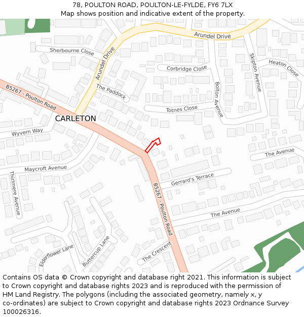 78, POULTON ROAD, POULTON-LE-FYLDE, FY6 7LX: Location map and indicative extent of plot