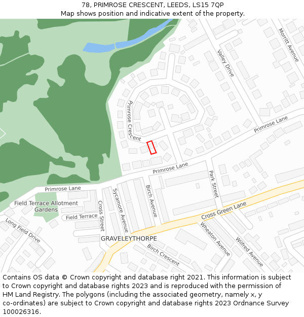 78, PRIMROSE CRESCENT, LEEDS, LS15 7QP: Location map and indicative extent of plot