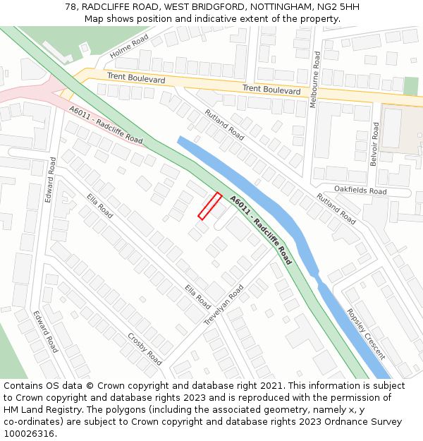 78, RADCLIFFE ROAD, WEST BRIDGFORD, NOTTINGHAM, NG2 5HH: Location map and indicative extent of plot