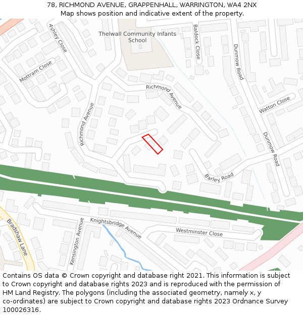 78, RICHMOND AVENUE, GRAPPENHALL, WARRINGTON, WA4 2NX: Location map and indicative extent of plot