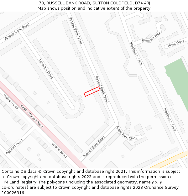 78, RUSSELL BANK ROAD, SUTTON COLDFIELD, B74 4RJ: Location map and indicative extent of plot