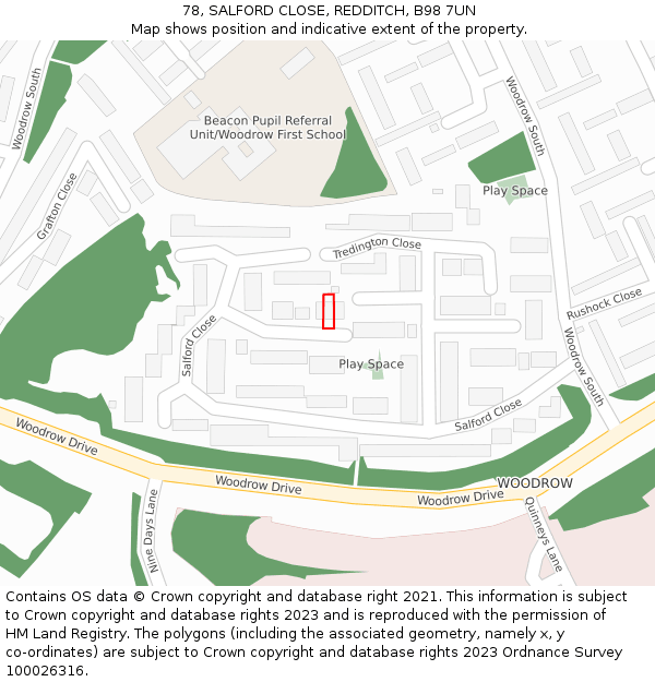 78, SALFORD CLOSE, REDDITCH, B98 7UN: Location map and indicative extent of plot