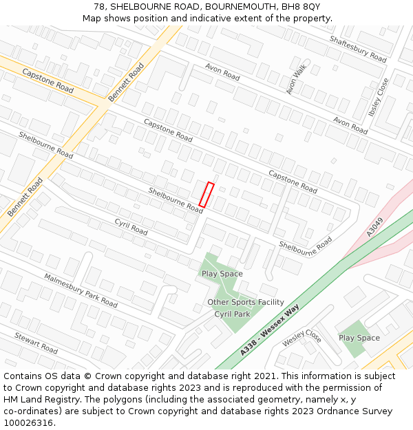 78, SHELBOURNE ROAD, BOURNEMOUTH, BH8 8QY: Location map and indicative extent of plot