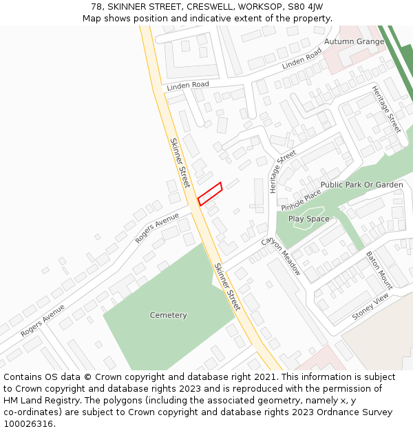 78, SKINNER STREET, CRESWELL, WORKSOP, S80 4JW: Location map and indicative extent of plot