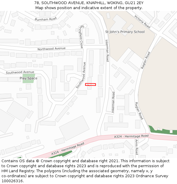 78, SOUTHWOOD AVENUE, KNAPHILL, WOKING, GU21 2EY: Location map and indicative extent of plot