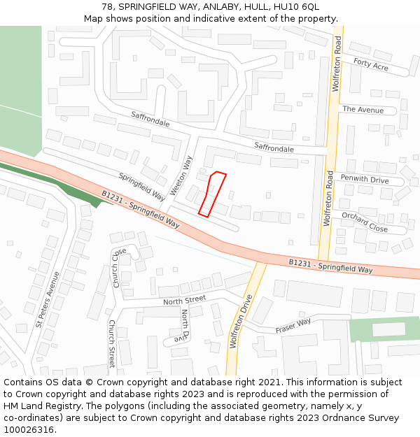 78, SPRINGFIELD WAY, ANLABY, HULL, HU10 6QL: Location map and indicative extent of plot