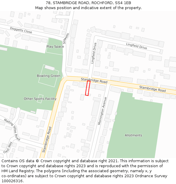 78, STAMBRIDGE ROAD, ROCHFORD, SS4 1EB: Location map and indicative extent of plot