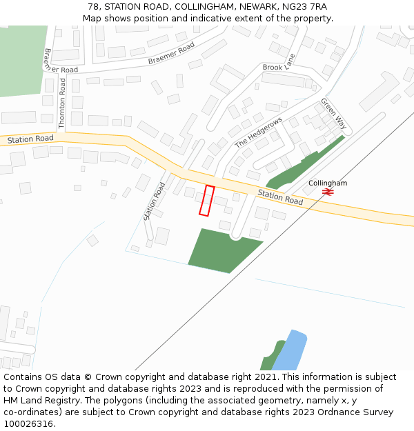 78, STATION ROAD, COLLINGHAM, NEWARK, NG23 7RA: Location map and indicative extent of plot