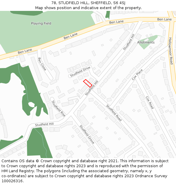 78, STUDFIELD HILL, SHEFFIELD, S6 4SJ: Location map and indicative extent of plot