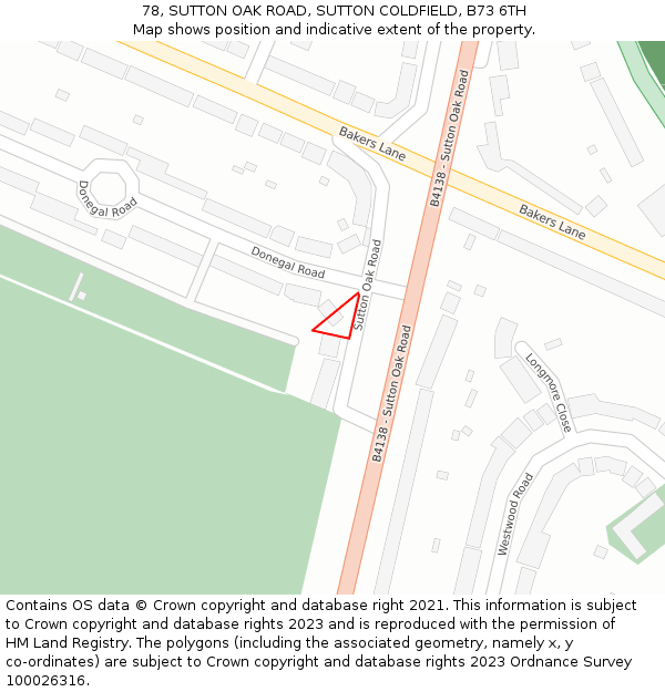 78, SUTTON OAK ROAD, SUTTON COLDFIELD, B73 6TH: Location map and indicative extent of plot