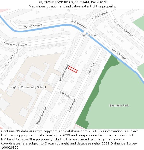 78, TACHBROOK ROAD, FELTHAM, TW14 9NX: Location map and indicative extent of plot