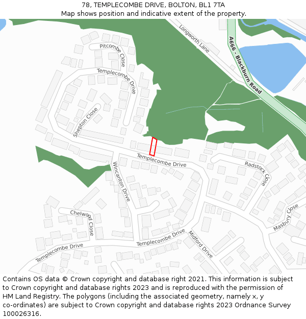 78, TEMPLECOMBE DRIVE, BOLTON, BL1 7TA: Location map and indicative extent of plot