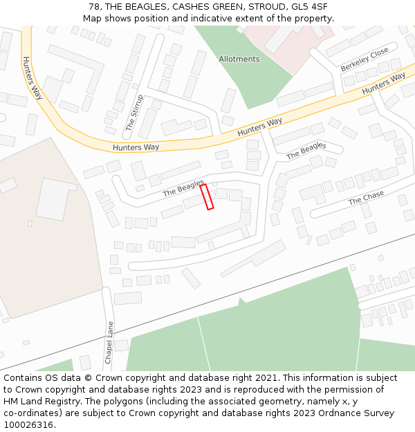 78, THE BEAGLES, CASHES GREEN, STROUD, GL5 4SF: Location map and indicative extent of plot