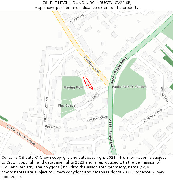 78, THE HEATH, DUNCHURCH, RUGBY, CV22 6RJ: Location map and indicative extent of plot