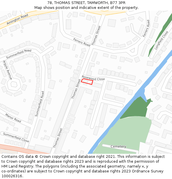 78, THOMAS STREET, TAMWORTH, B77 3PR: Location map and indicative extent of plot