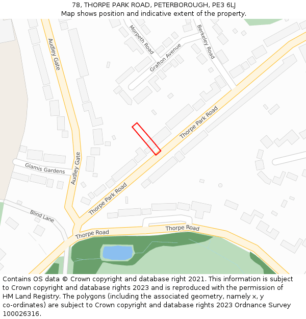 78, THORPE PARK ROAD, PETERBOROUGH, PE3 6LJ: Location map and indicative extent of plot