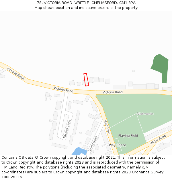 78, VICTORIA ROAD, WRITTLE, CHELMSFORD, CM1 3PA: Location map and indicative extent of plot