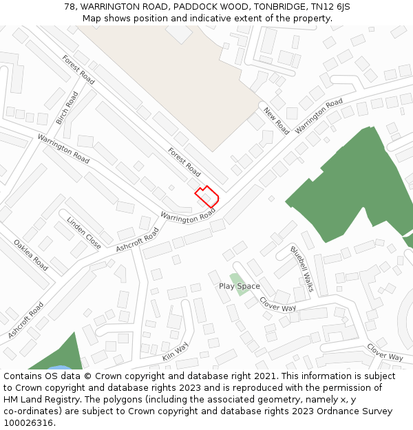 78, WARRINGTON ROAD, PADDOCK WOOD, TONBRIDGE, TN12 6JS: Location map and indicative extent of plot