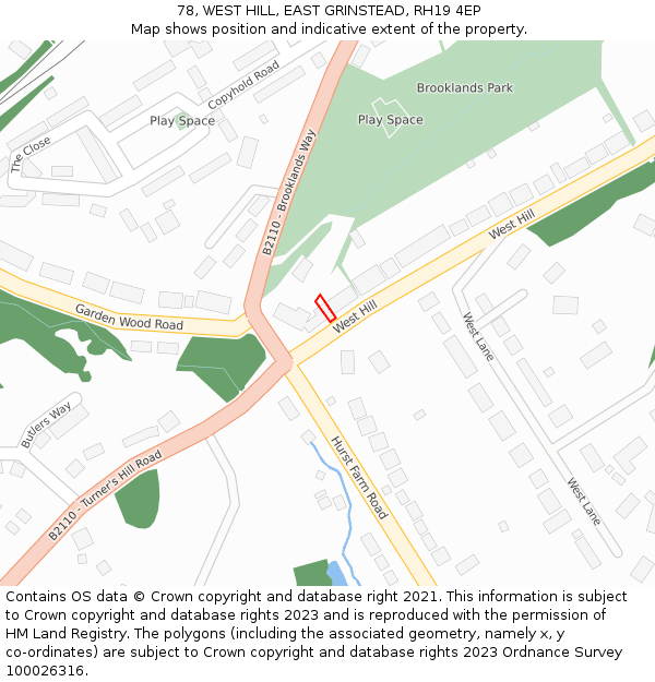 78, WEST HILL, EAST GRINSTEAD, RH19 4EP: Location map and indicative extent of plot