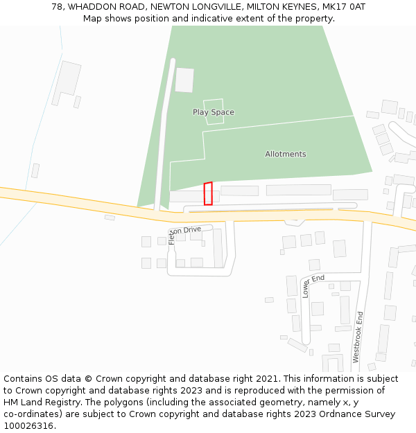 78, WHADDON ROAD, NEWTON LONGVILLE, MILTON KEYNES, MK17 0AT: Location map and indicative extent of plot