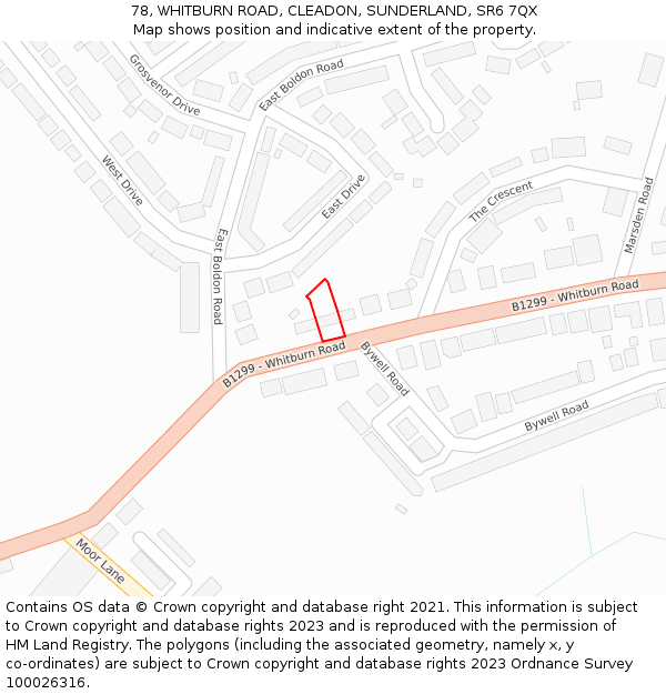 78, WHITBURN ROAD, CLEADON, SUNDERLAND, SR6 7QX: Location map and indicative extent of plot