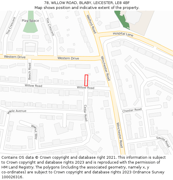 78, WILLOW ROAD, BLABY, LEICESTER, LE8 4BF: Location map and indicative extent of plot