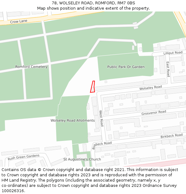 78, WOLSELEY ROAD, ROMFORD, RM7 0BS: Location map and indicative extent of plot