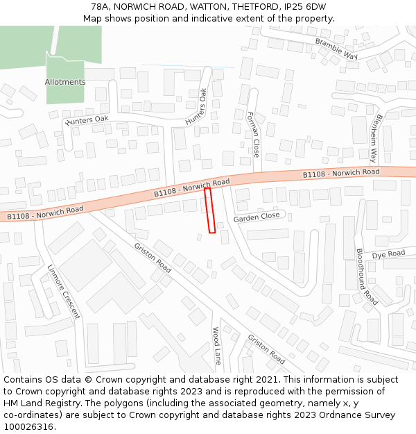 78A, NORWICH ROAD, WATTON, THETFORD, IP25 6DW: Location map and indicative extent of plot