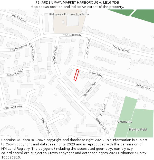 79, ARDEN WAY, MARKET HARBOROUGH, LE16 7DB: Location map and indicative extent of plot