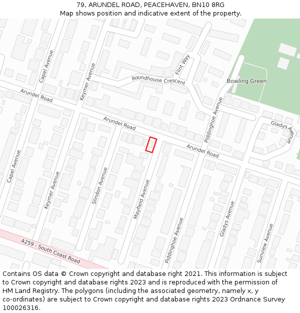 79, ARUNDEL ROAD, PEACEHAVEN, BN10 8RG: Location map and indicative extent of plot