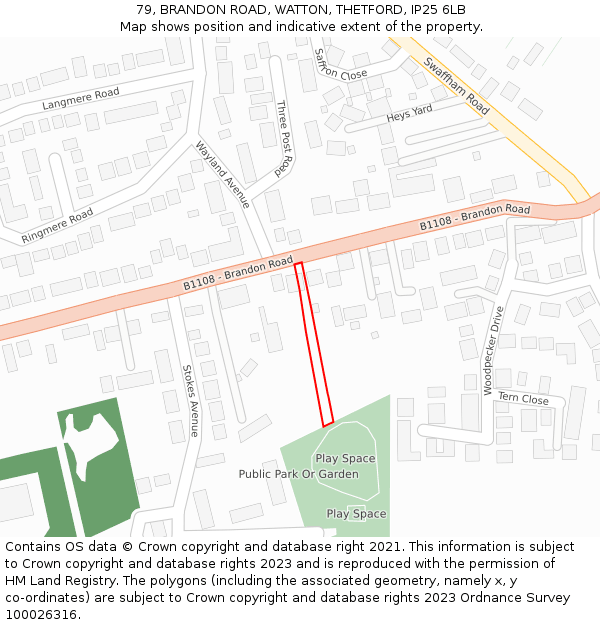 79, BRANDON ROAD, WATTON, THETFORD, IP25 6LB: Location map and indicative extent of plot