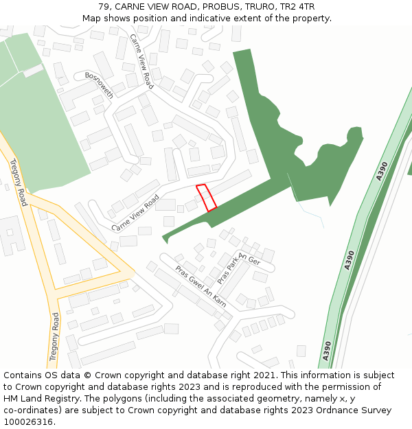 79, CARNE VIEW ROAD, PROBUS, TRURO, TR2 4TR: Location map and indicative extent of plot