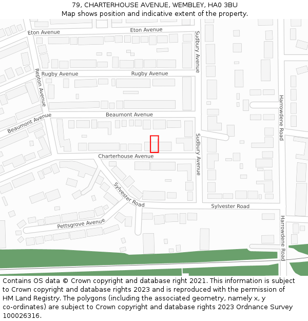 79, CHARTERHOUSE AVENUE, WEMBLEY, HA0 3BU: Location map and indicative extent of plot