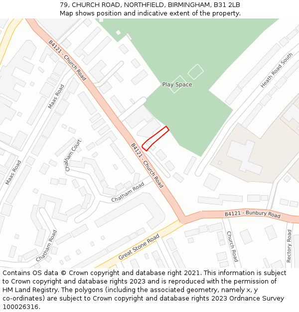 79, CHURCH ROAD, NORTHFIELD, BIRMINGHAM, B31 2LB: Location map and indicative extent of plot