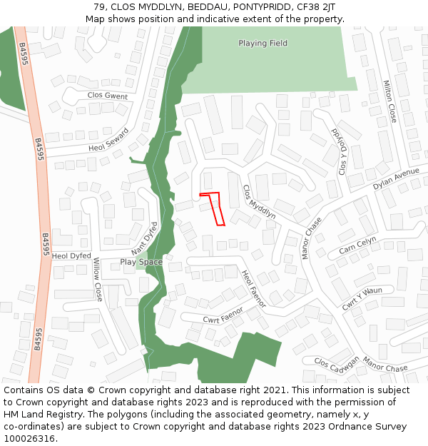 79, CLOS MYDDLYN, BEDDAU, PONTYPRIDD, CF38 2JT: Location map and indicative extent of plot