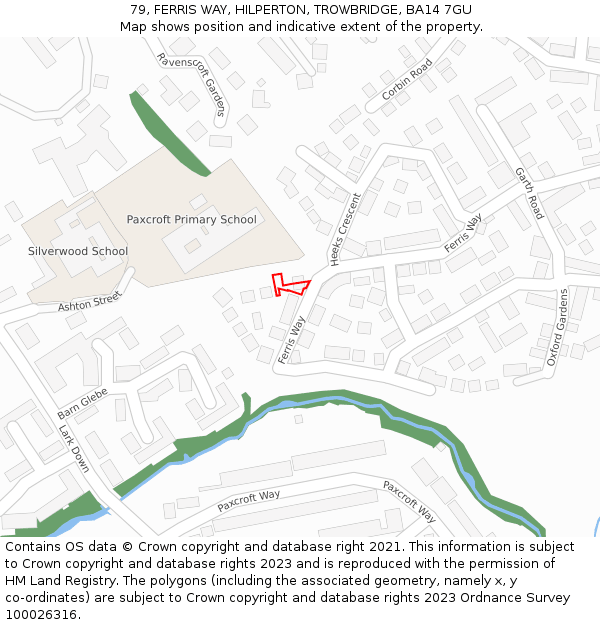 79, FERRIS WAY, HILPERTON, TROWBRIDGE, BA14 7GU: Location map and indicative extent of plot