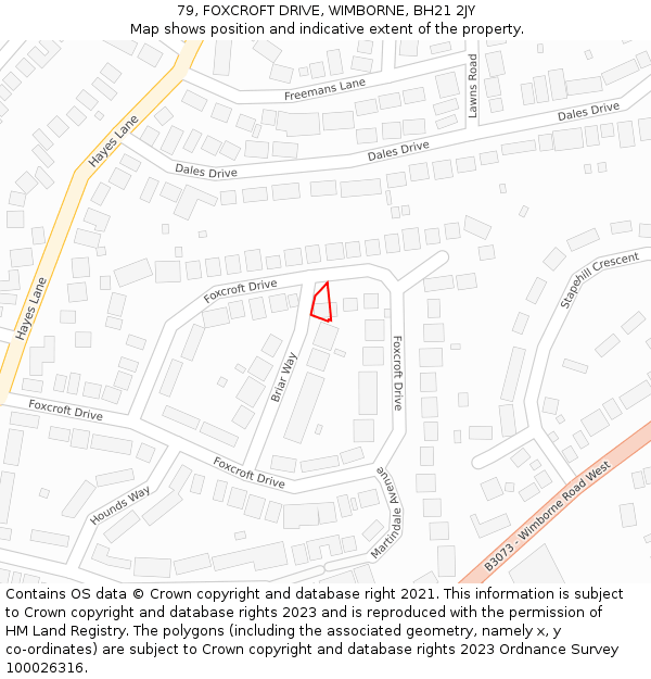 79, FOXCROFT DRIVE, WIMBORNE, BH21 2JY: Location map and indicative extent of plot