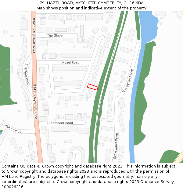 79, HAZEL ROAD, MYTCHETT, CAMBERLEY, GU16 6BA: Location map and indicative extent of plot