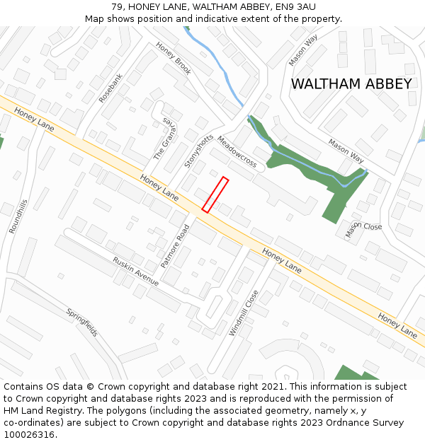 79, HONEY LANE, WALTHAM ABBEY, EN9 3AU: Location map and indicative extent of plot