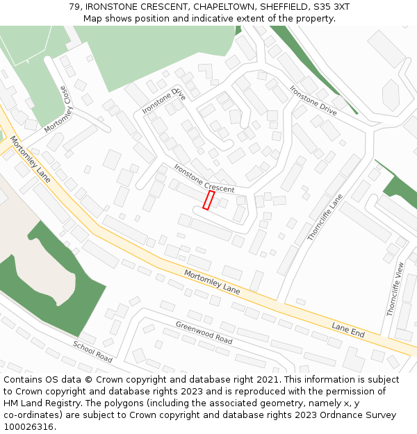 79, IRONSTONE CRESCENT, CHAPELTOWN, SHEFFIELD, S35 3XT: Location map and indicative extent of plot