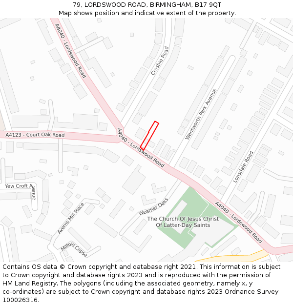 79, LORDSWOOD ROAD, BIRMINGHAM, B17 9QT: Location map and indicative extent of plot