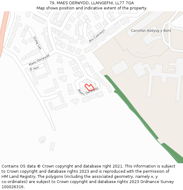 79, MAES DERWYDD, LLANGEFNI, LL77 7GA: Location map and indicative extent of plot