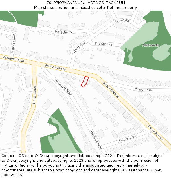 79, PRIORY AVENUE, HASTINGS, TN34 1UH: Location map and indicative extent of plot