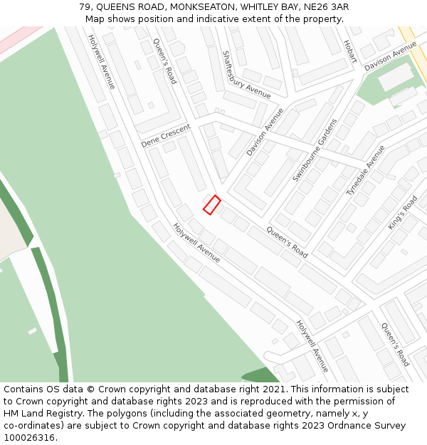 79, QUEENS ROAD, MONKSEATON, WHITLEY BAY, NE26 3AR: Location map and indicative extent of plot