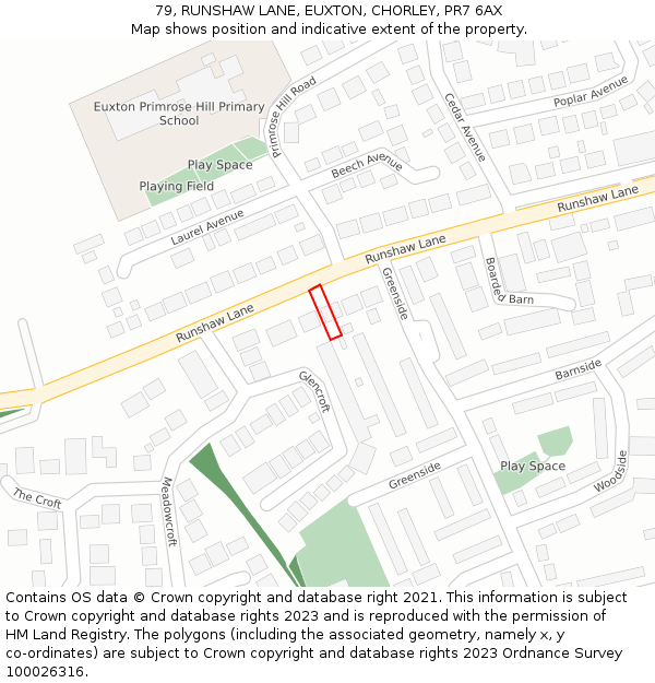 79, RUNSHAW LANE, EUXTON, CHORLEY, PR7 6AX: Location map and indicative extent of plot