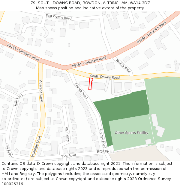 79, SOUTH DOWNS ROAD, BOWDON, ALTRINCHAM, WA14 3DZ: Location map and indicative extent of plot